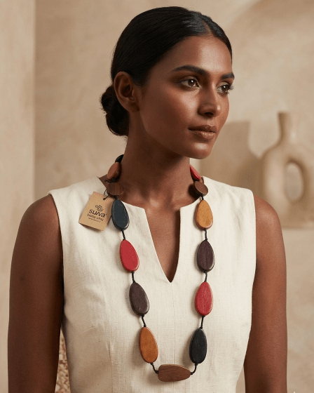 collana in legno a goccia multicolor toni autunnali marca suwa