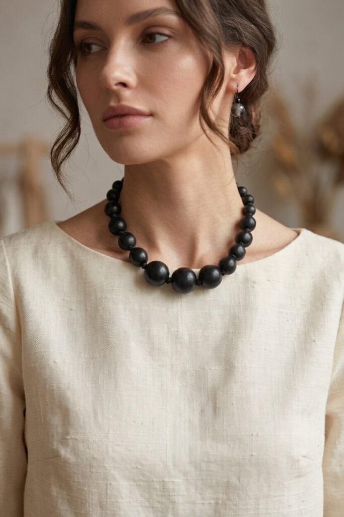 Collana girocollo da donna in legno naturale di colore nero lucido firmata Karakorum - Mari Accessori Moda