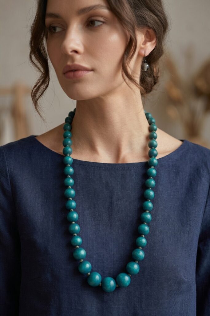Collana lunga da donna in legno naturale di colore turchese ottanio firmata Karakorum - Mari Accessori Moda