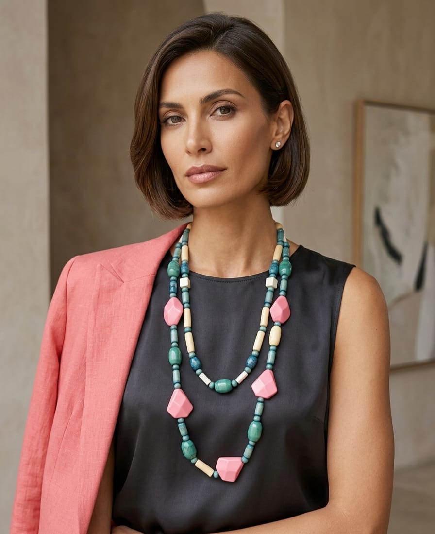Collana artigianale Karakorum a due fili con perle in legno, elementi in resina rosa e inserti in madreperla.