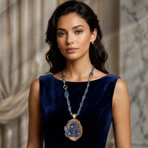 Collana lunga elegante nei toni del blu con perle, pietre cangianti e grande ciondolo scultoreo centrale.