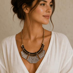 Collana rigida Tantrend con tre ciondoli geometrici rivestiti in tessuto ramato satinato e struttura in metallo.
