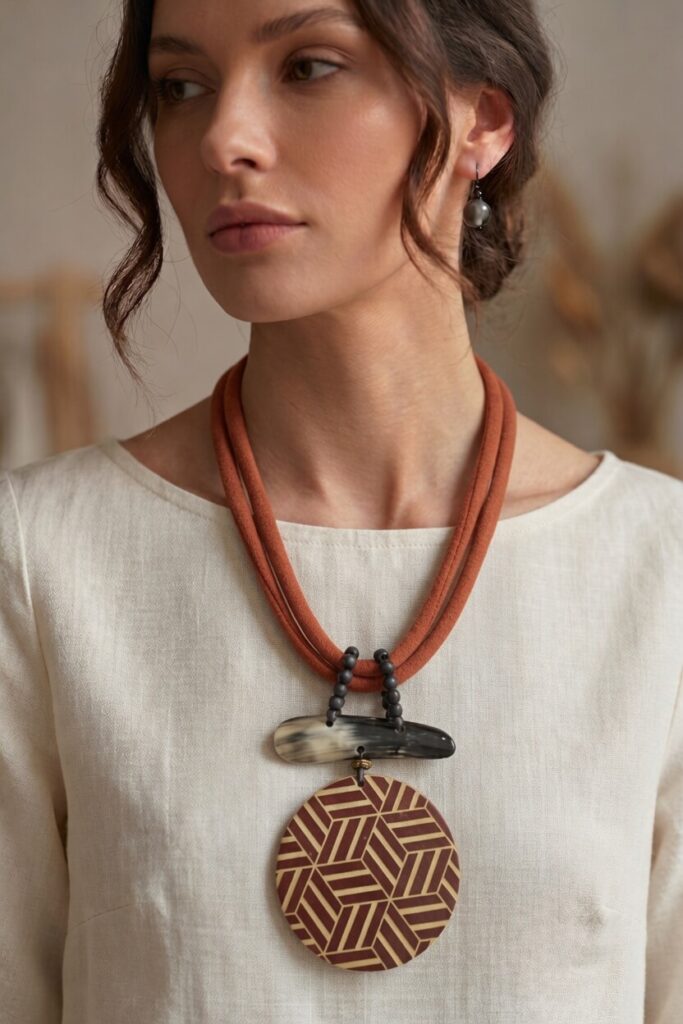 Collana artigianale in legno Tantrend con grande ciondolo geometrico e inserti in resina stile etnico.