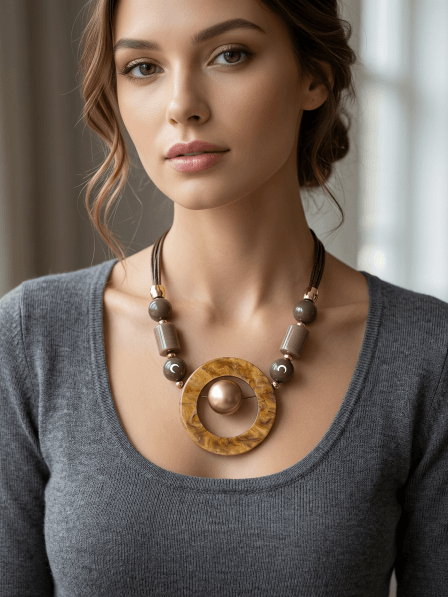 collana in legno e resina design circolare marmorizzato